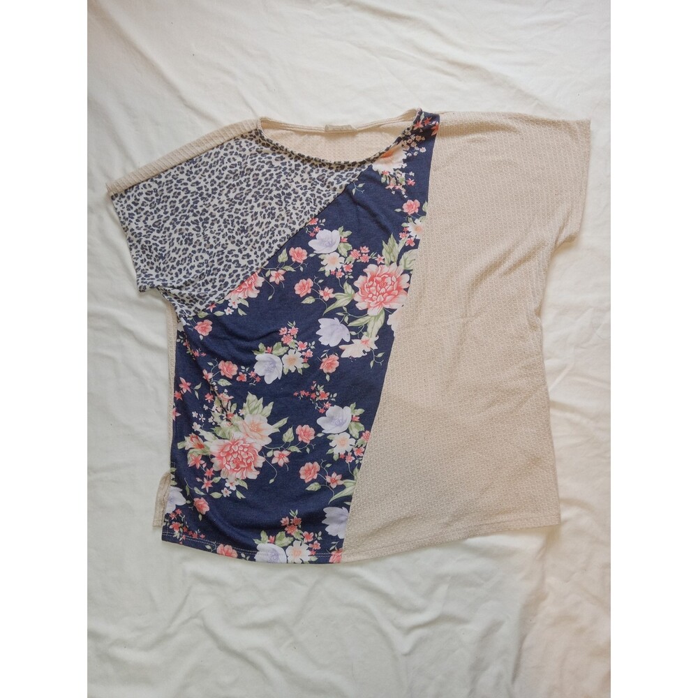 Lovely J Women's Medium Blouse Floral Cheetah Print Color Block